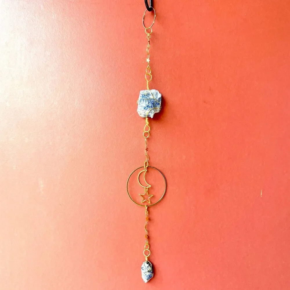 Lapis Lazuli Wall Hanging | Raw & Tumbled Stone | Gold Moon Star Circle Frame